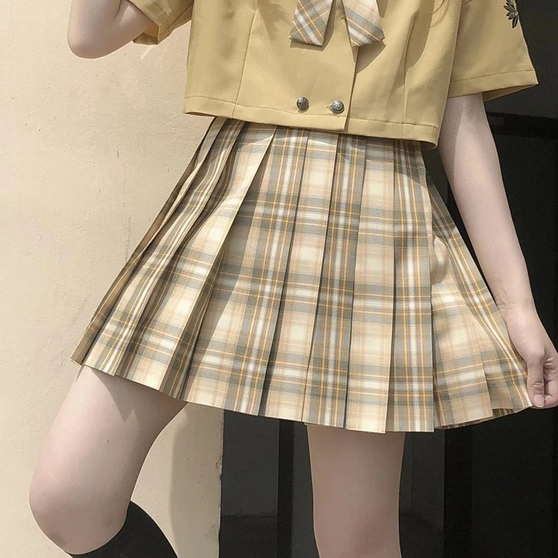 Trajes de uniforme JK para niñas y estudiantes, camiseta de manga corta + Falda plisada a cuadros, vestido de cintura alta para mujer, ropa escolar de verano