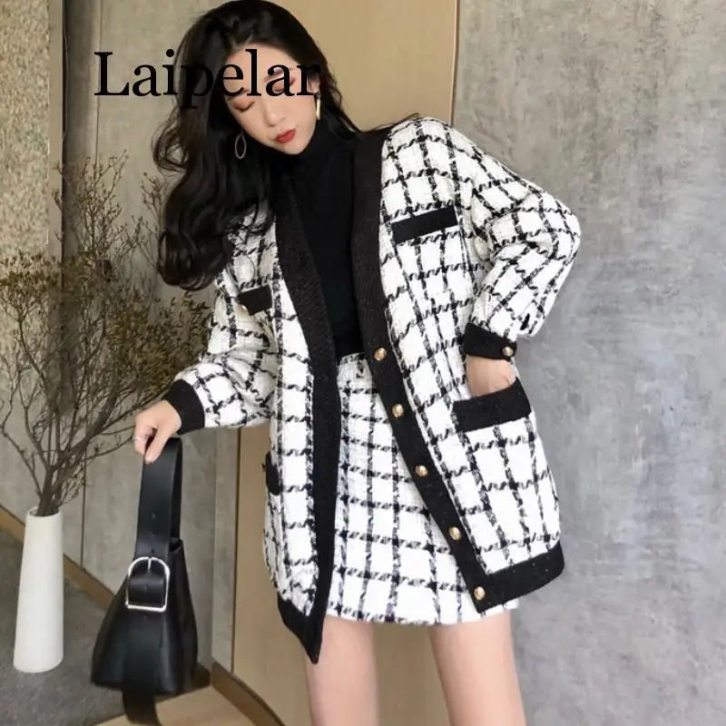 2019 Autumn Winter Fashion 2 Piece Set Women Long Sleeve Tweed Wool Jacket Coat+Mini Wool Skirt Set Ladies Vintage Clothing Sets