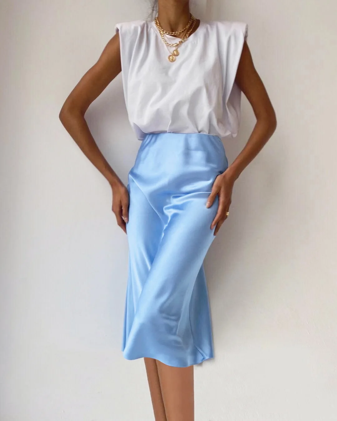 

Women Skirt Satin Soft Elegant Office Lady Outfits High Waist A-Line Solid Color 2022 Spring New Fashion Female Skirts Mid-Calf