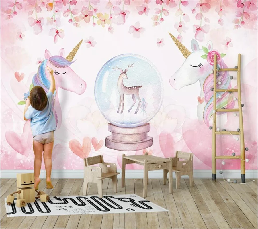 

beibehang Custom wallpaper 3d mural watercolor unicorn background wall cartoon children's room decorative painting 3d wallpaper