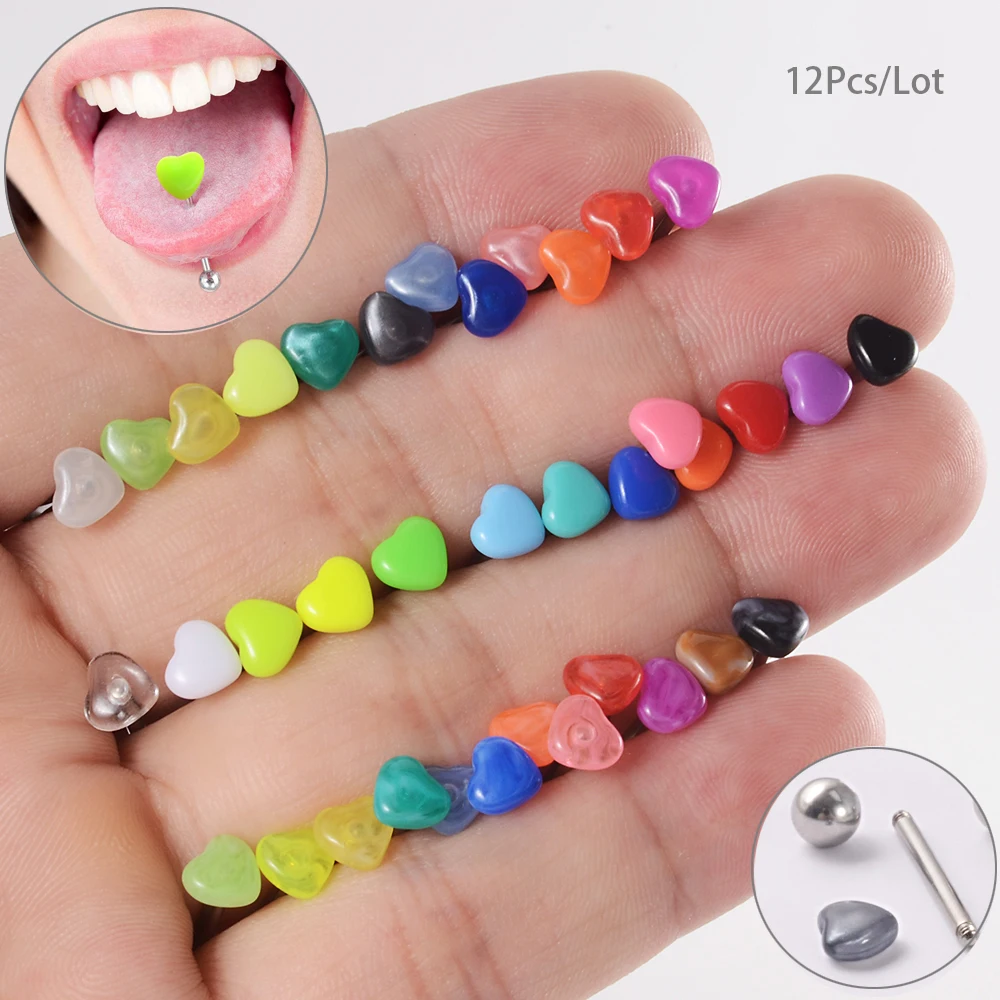 12Pcs Acrylic Multicolor Heart Tongue Piercing Barbell Tongue Rings Stainless Steel Bars Tounge Ring Women Men Jewelry 14g