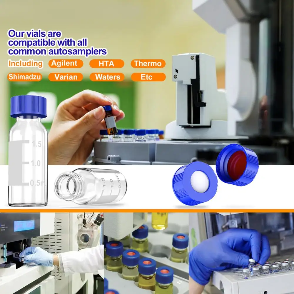 Autosampler 2ml HPLC 9-425 Clear glass vial Bottles with Write-on Spot and 9mm ABS Screw Caps, 100Pcs by Ks-Tek
