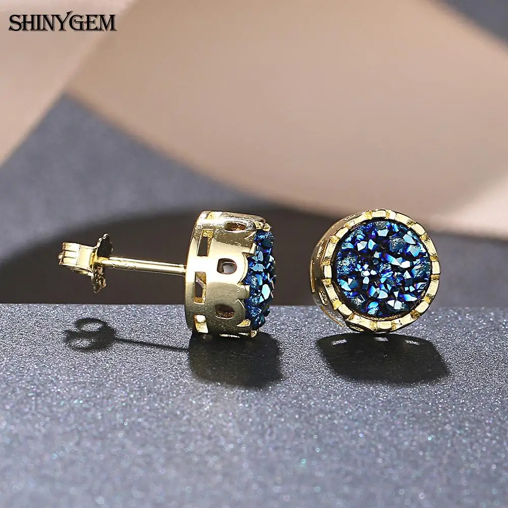 

shinygem trendy 9mm round natural sparkling crystal druzy stud earrings for women cute gold plating crown jewelry luxury gift