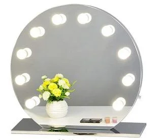 Round Hollywood Desktop Mirror Makeup Mirror with Frame  12 Bulbs-White Square Base