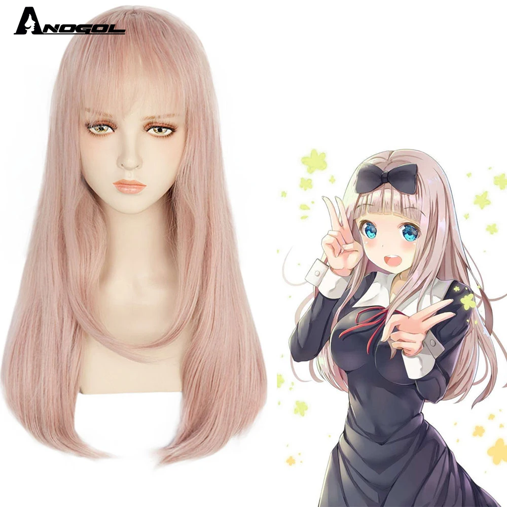 

ANOGOL Fujiwara Chika Love is War Kaguya-sama Long Straight Pink Synthetic Cosplay Wig with Flat Fringe for Women Costume Party