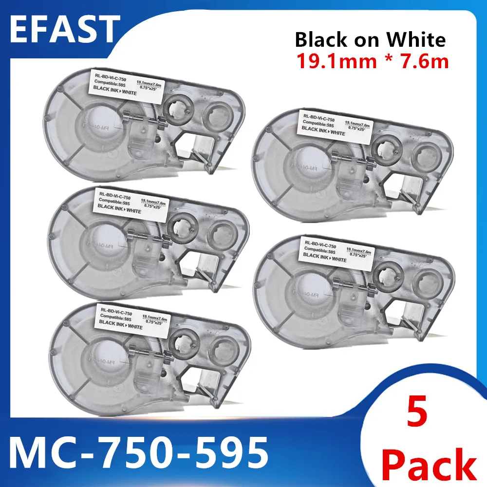 5 Pack MC 750 595 Vinyl Label Ribbon Black On white For BMP-41 BMP-51 BMP-53 PC Linked Printer 19.1mm * 7.6m