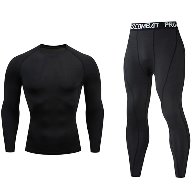 2-in-1 Compression Sportswear Men's Black Long Sleeve Shirt Fitness Leggings Suit Winter Sports Underwear Gym Workout Clothing