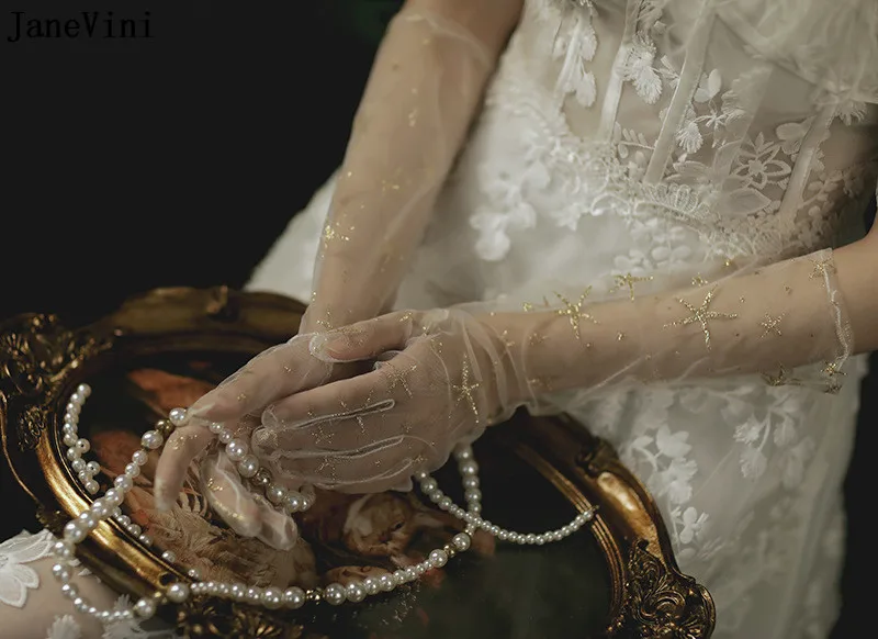 Janevini Lange Elleboog Lengte Bruids Handschoenen Sexy See Through Volledige Vinger Trouwjurken Handschoenen Bruid Gouden Ster Decoratie Handschoenen