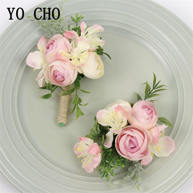 YO CHO Pink Wrist Corsage Bracelet Flowers for Bridesmaids Wedding Corsage Pins Boutonniere Groomsmen Suit Marriage Accessories