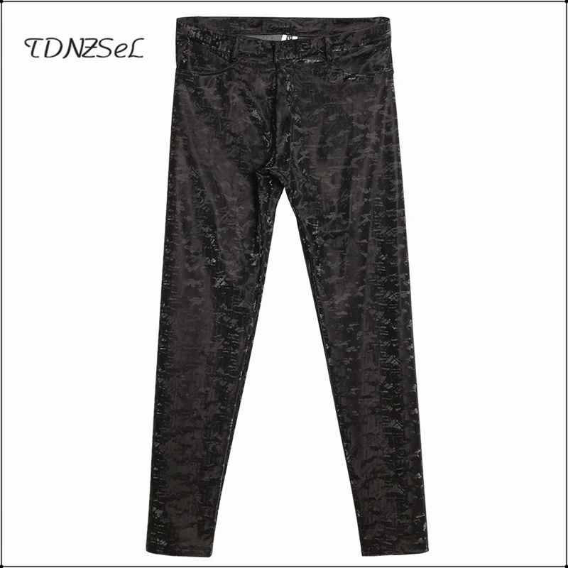 Men Camouflage PU velvet Slim Pencil Pants Mid Waist Skinny High Elastic Leggings Casual Tight Camo Jeans Gay Trousers Custom