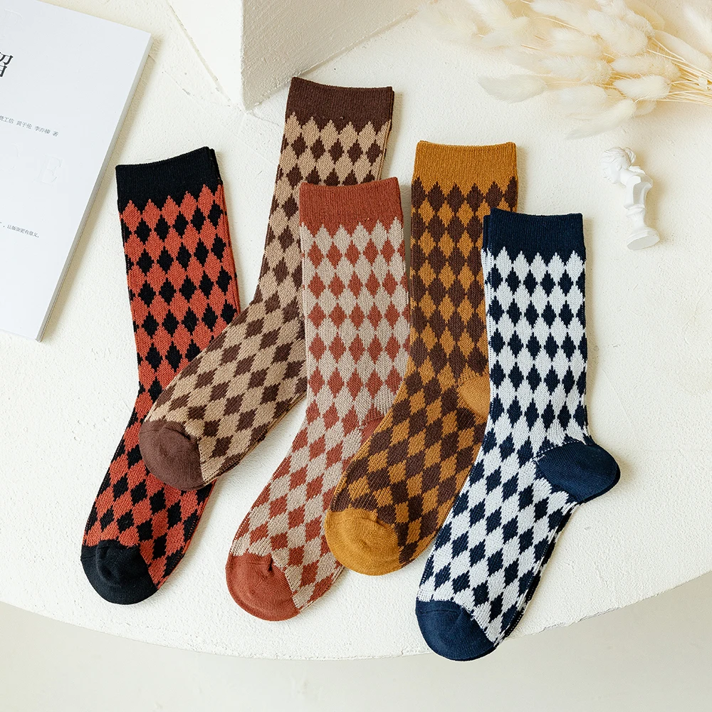 1 Pair Women Socks Spring Autumn Retro Style Cotton Socks Women Men Couple Socks Lattice Plaid Pattern Colorful Socks