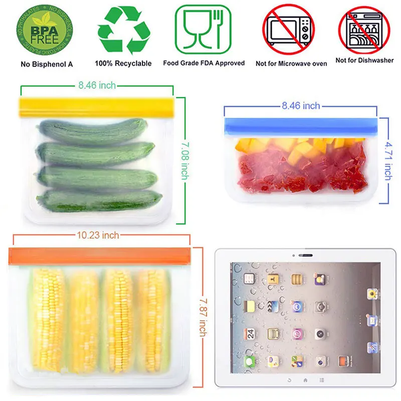 Reusable Silicone Food Storage Kitchen Fruit Vegetable Bag Fresh-keeping Bag Sealed Freezer Bag Leakproof Food Ziplock Bag