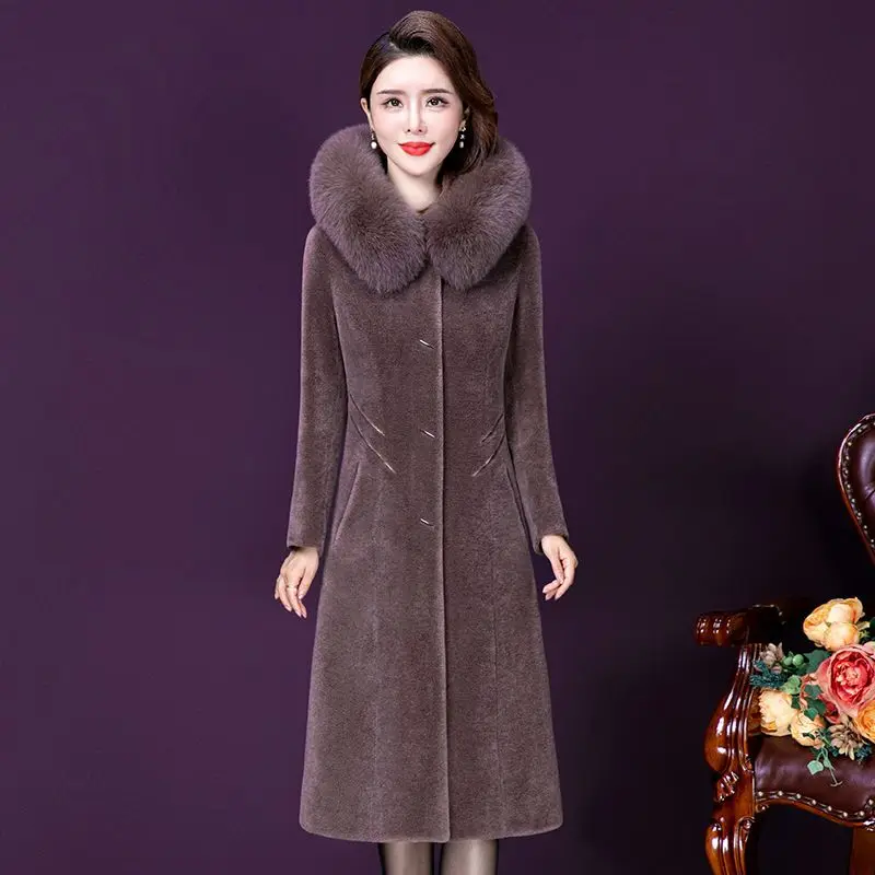 Women Sheep Shearing  Long Coat Winter 2024 Fashion Elegant Thicken Quilted Outerwear Hooded Fur Collar Wool Blends Tops Female