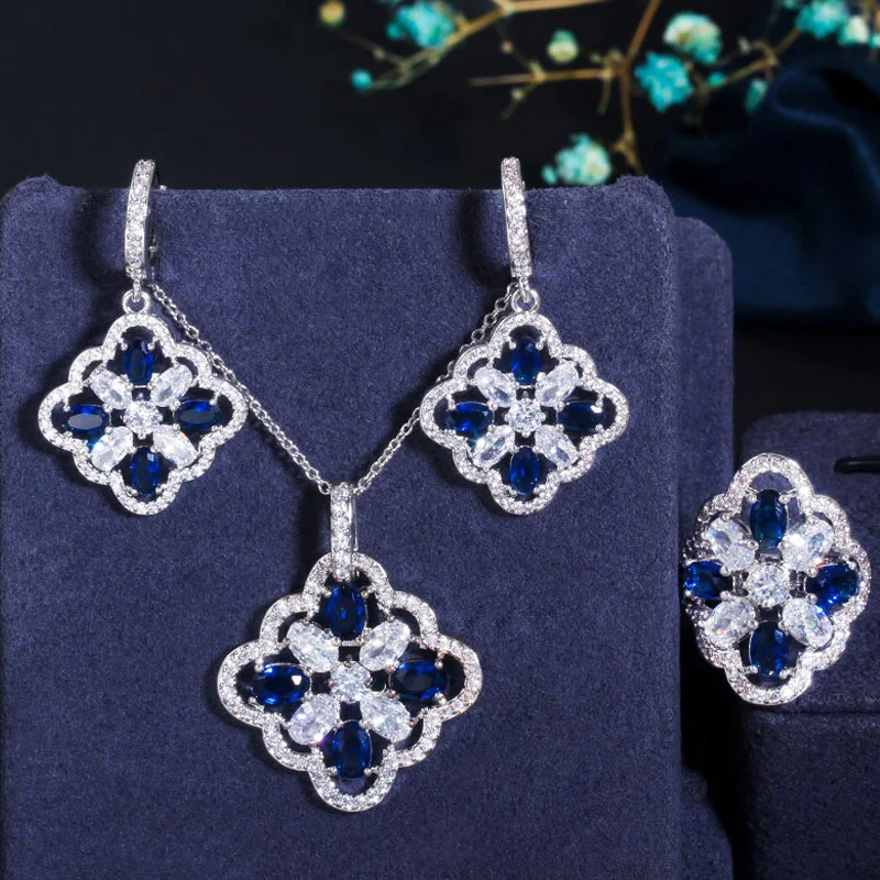 BeaQueen New Fashion Oval Round Dark Blue Cubic Zirconia Ring Earrings Necklace 3 Pcs Jewelry Sets for Women Wedding Decor JS129