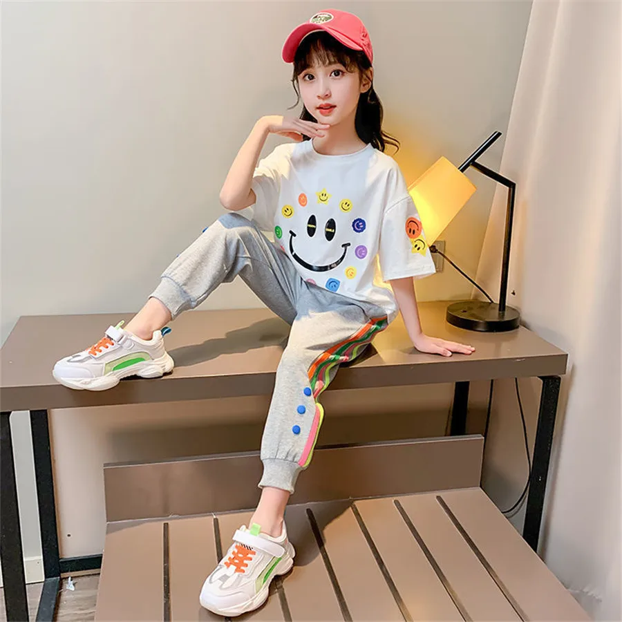 

New Summer Girls clothes Sets Two Pieces Children Clothes Tracksuit T Shirt+Long Pants Casual Kids Outfits Size 3 4 6 7 8 10 12