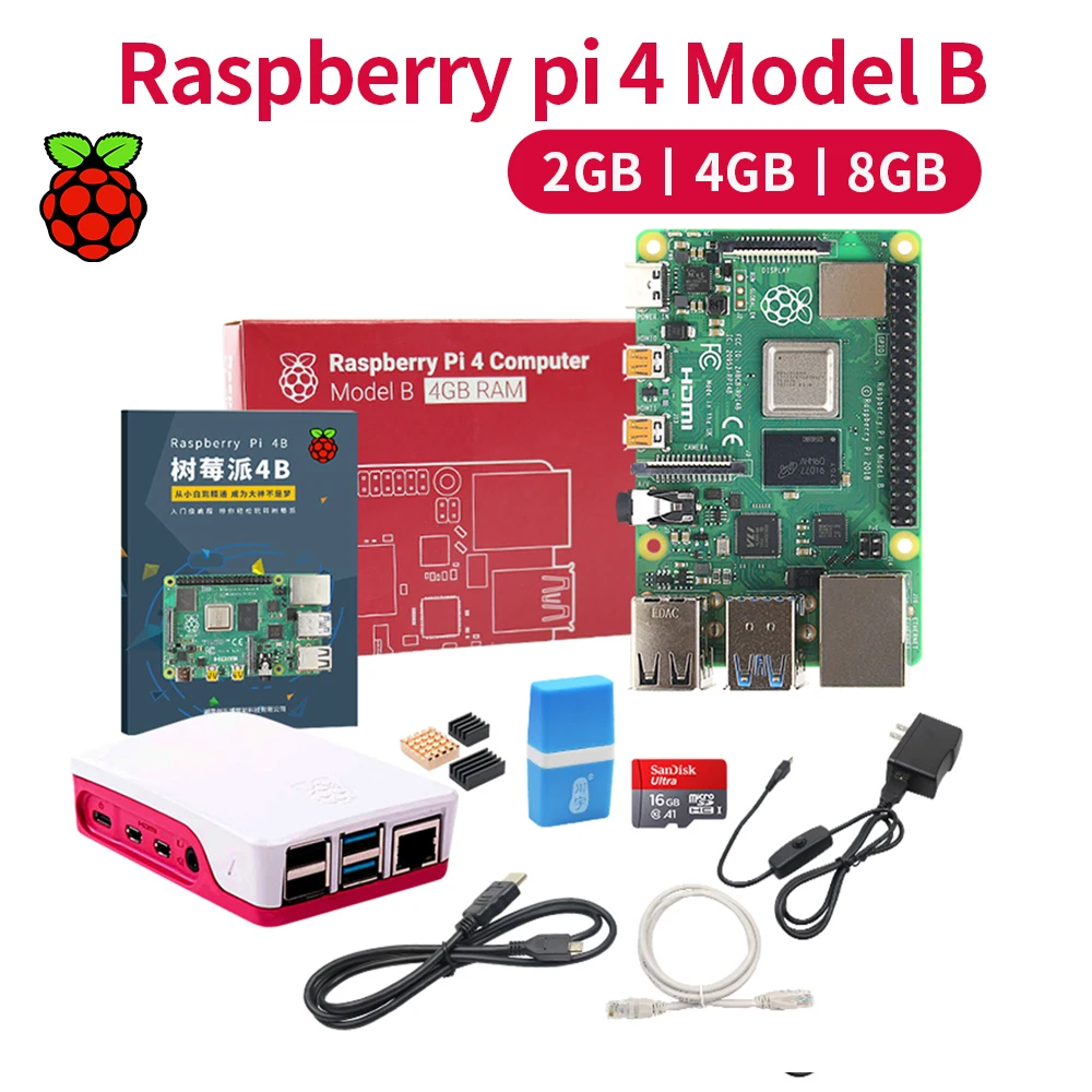 Zestaw Raspberry Pi 4 2GB 4GB 8GB płyta RAM + kamera 5MP + okno akrylowe + zasilacz + karta + grzejnik do Raspberry Pi 4 typ B l