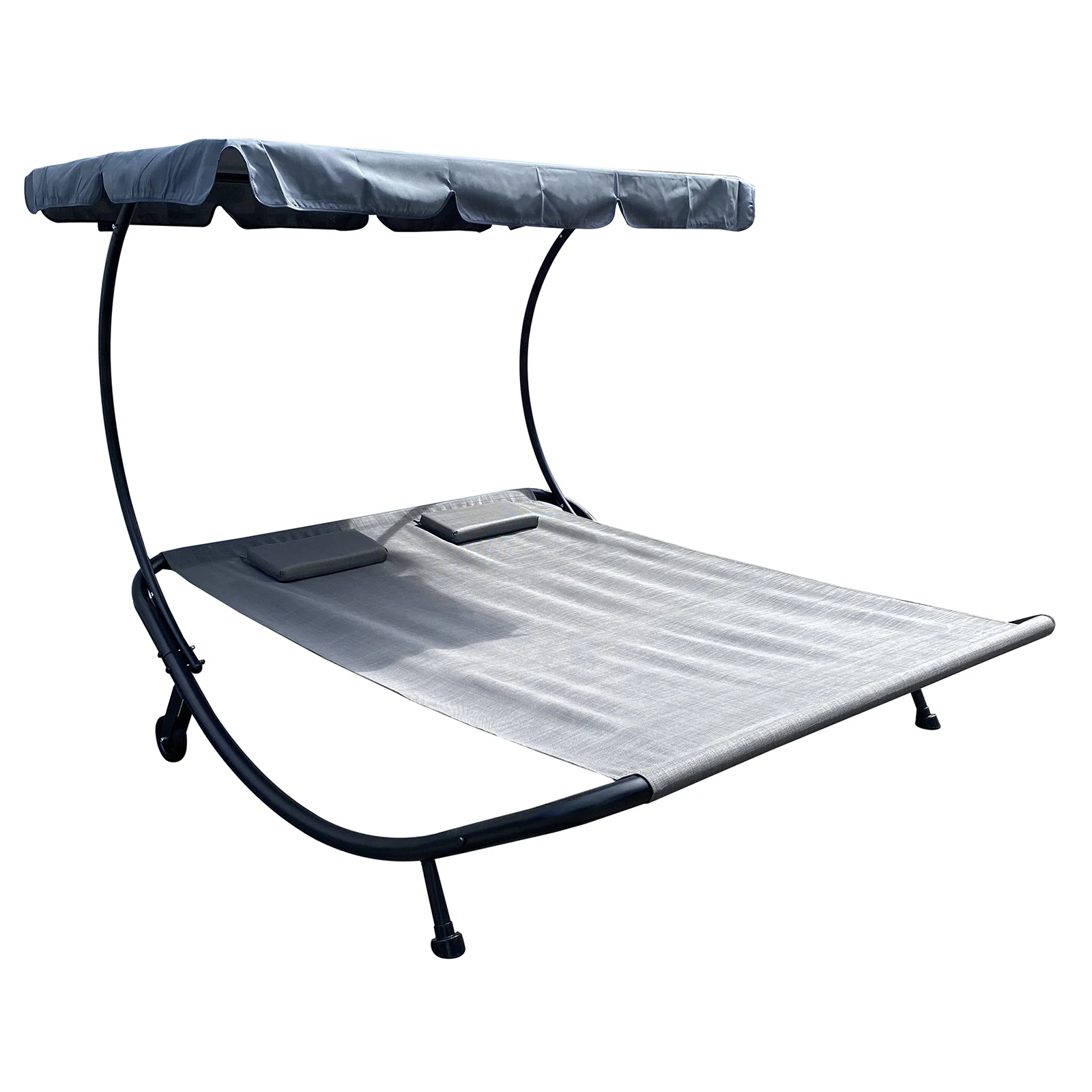 Outdoor Portable Double Chaise Lounge Hammock Bed With Adjustable Canopy and Headrest Pillow for Sun Room Garden  Courtyard