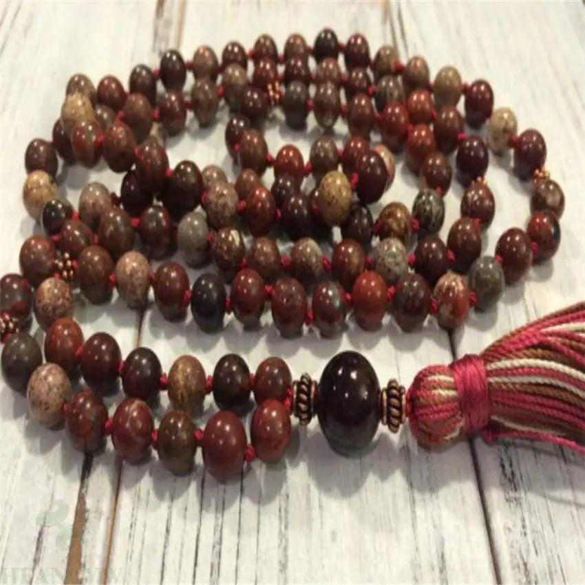 8mm Picasso Gemstone 108 Beads Mala necklace band Tassel Wrist Buddhism Sutra cuff Chakas Lucky yoga Multicolor energy Buddhist