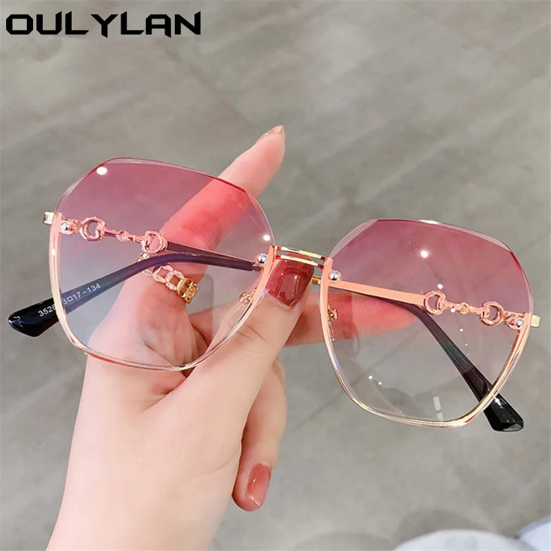 Oulylan Trimming Rimless Sunglasses Women Fashion Irregular Gradient Pink Sun Glasses Ladies Oversized Shades Eyewear UV400 