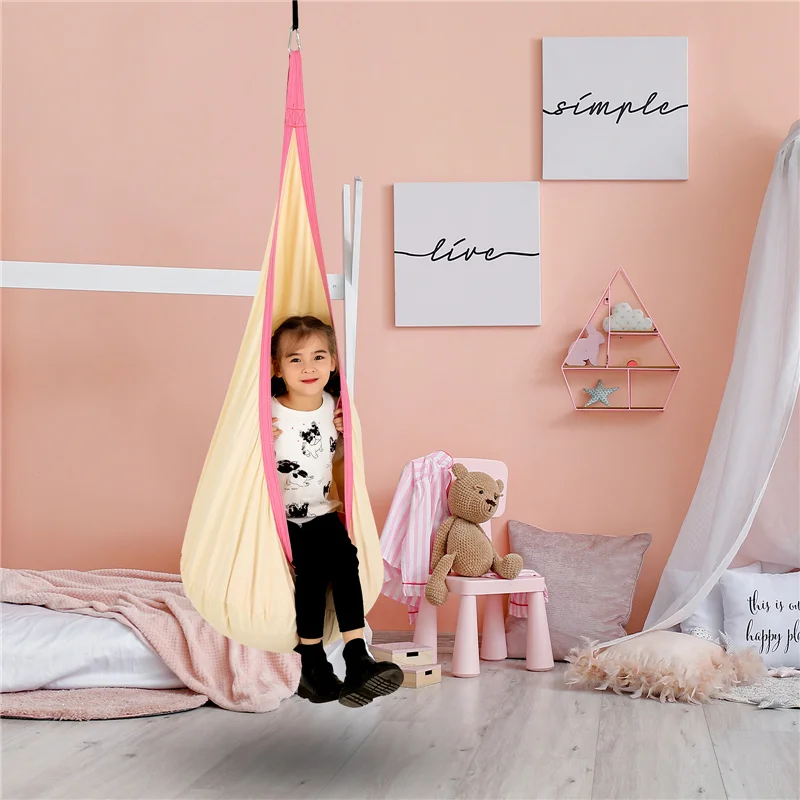 Kids Pod Swing Seat 100% Cotton Hammock Chair Portable Decor Home Space Saving  Indoor Outdoor Use with PVC Inflatable Cushion