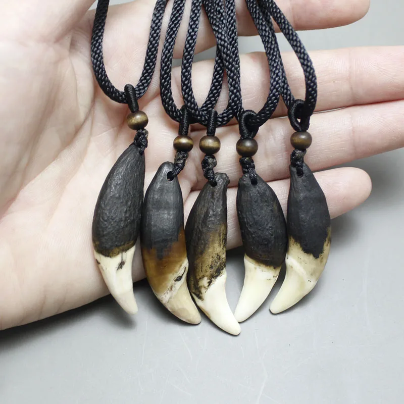 Natural Wolf Fang Pendant,Men\'s necklace Indian Jewelry,4PCS/ Wholesale Lot Dark Black Tribal Design Tooth Necklace