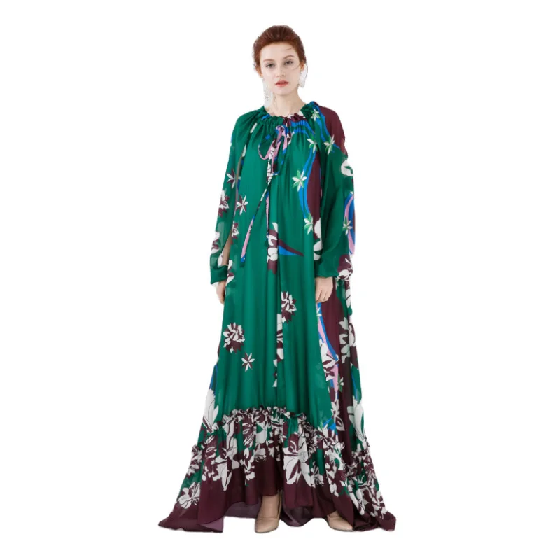 

green chiffon print coffee floral cross border dress women robe 20 summer long casual beach sexy loose dresses plus size loose