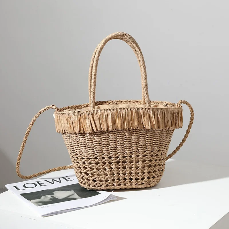 Shell Tassel Straw Woven Bag Woven Bag Women\'s Shoulder Portable Leisure Holiday Hollow Beach Bag Straw Bag New