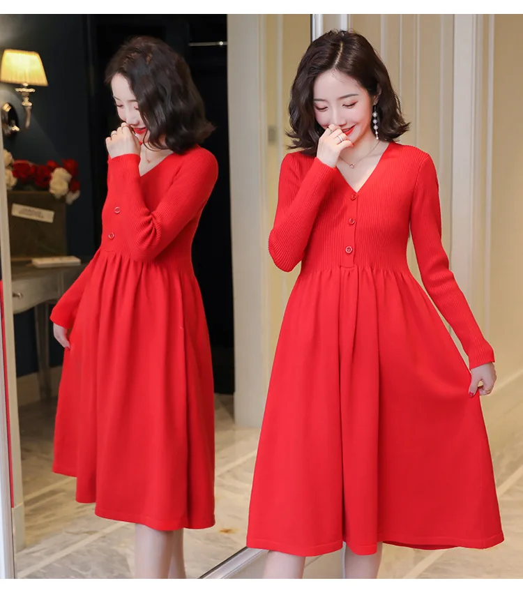 SHORHA 2019 Autumn Winter Korean Fashion Knitted Maternity Sweaters Dress  Elegant Slim Clothes for Pregnant Women Pregnancy