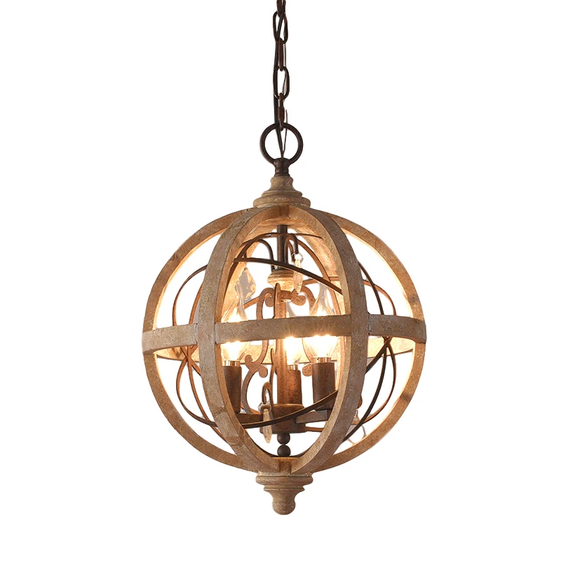 Globe Wood Chandelier Bedroom Living Room Hanging Lights Antique Round Sphere Wooden Chandelier For Master Bedroom Foyer Kitchen