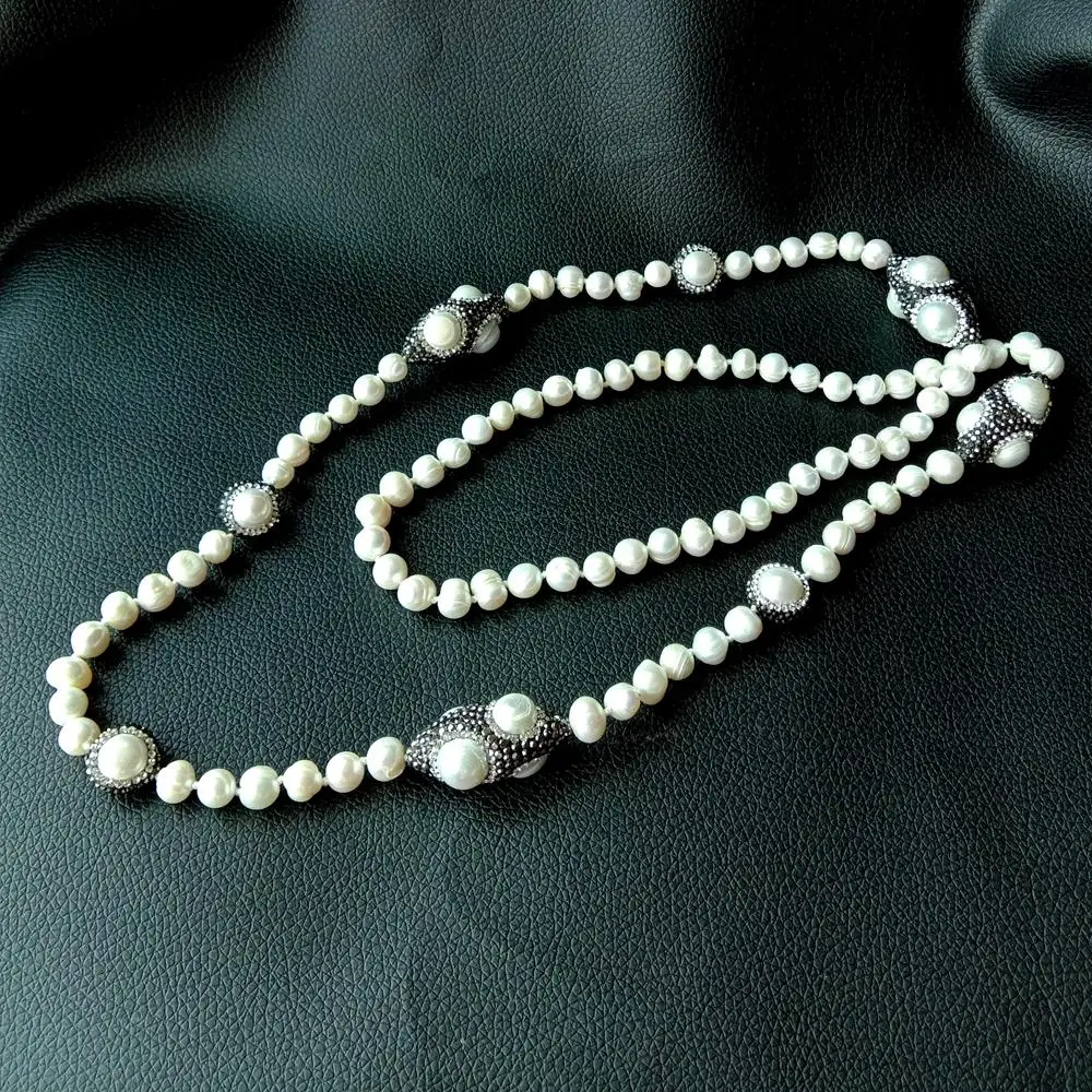 

38" natural cultured White freshwater Pearl Black Crystal Pave Long Necklace sweater chain necklace party for women