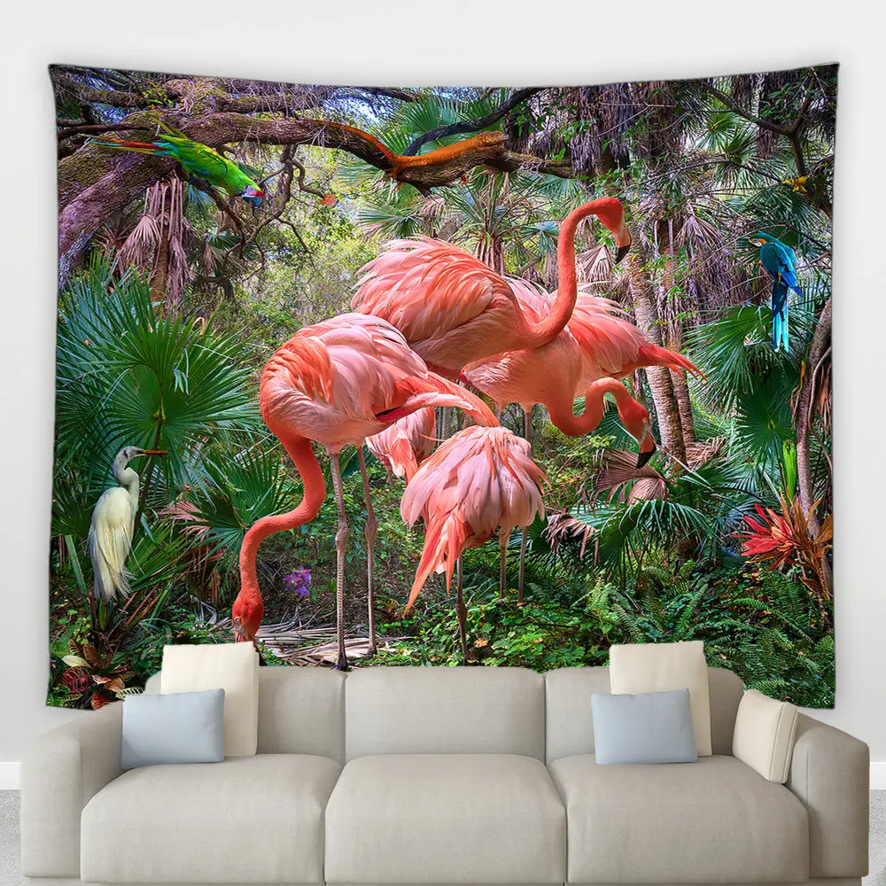 

Pink Flamingo Big Tapestry Parrot Tropical Jungle Green Plants Exotic Bohemia Wall Hanging Cloth Living Room Bedroom Home Decor