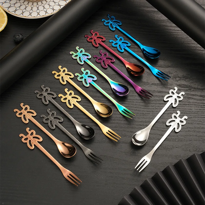 

6 pieces of 304 stainless steel butterfly spoon creative dessert cake fork hanging coffee stirring spoon spoon and fork set