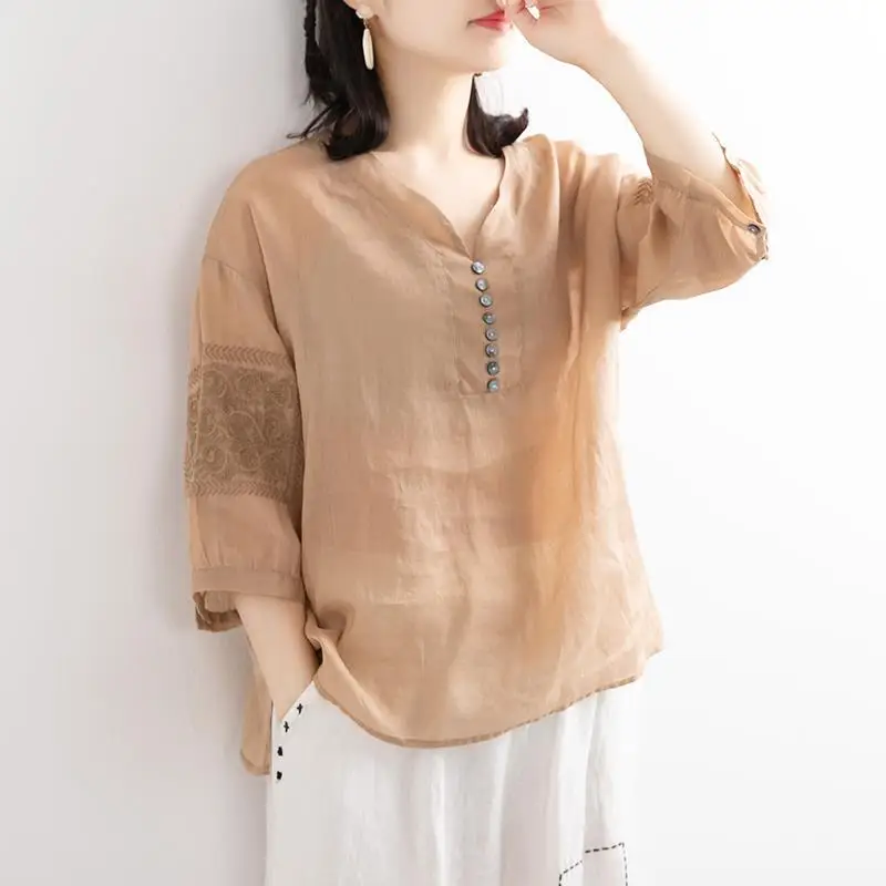 100% Cotton Linen Shirt Thin Elegant Vintage Loose Women Blouses Lady V Neck Embroidery Middle Ages Casual Tops Summer Tunics