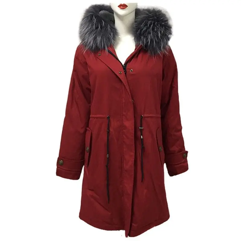 

Causal Red Men Jacket Long Style Winter Faux Fur Parka Deep Grey Raccoon Fur Collar Coat With Pocket