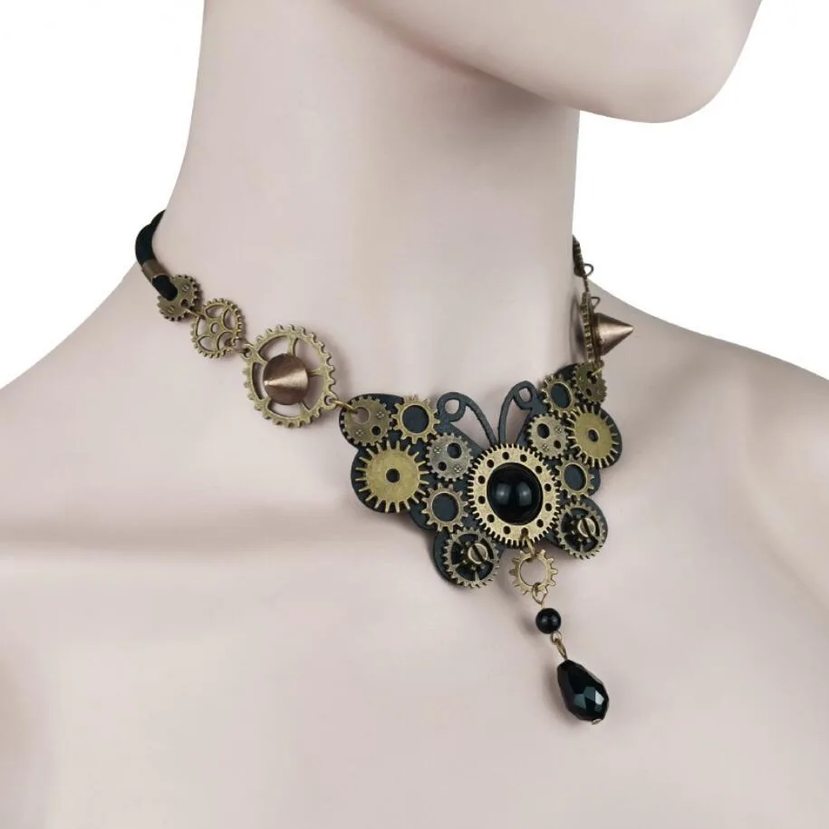 Vintage Punk Style Small Bronze Gears Covered Butterfly Steampunk Choker Necklace