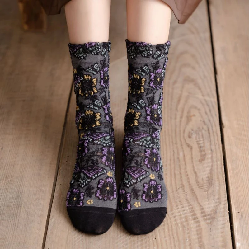 3Pair Gife For Women Winter Socks Cotton Print Folk-Custom Style   Long Socks Clothing Accessories Cute Vintage Skarpety Damskie