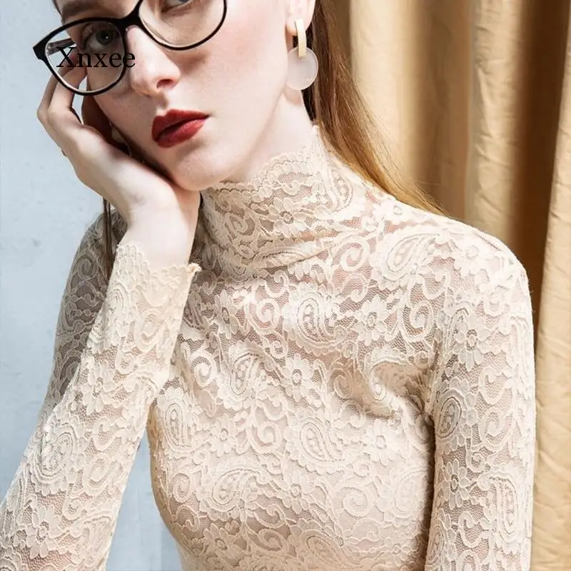 

New Women's Lace Shirt Women's Ruffle Embroidery Long Sleeve Top Sexy Mesh Shirt Turtleneck Tops