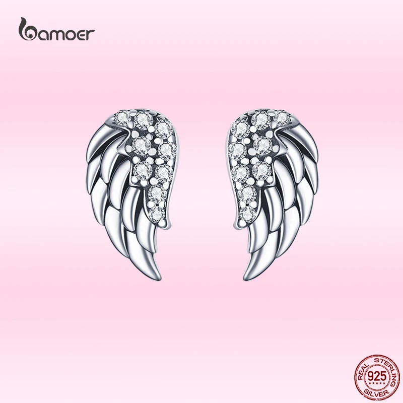 Bamoer Sacred Angel Wings Earrings for Women Genuine 925 sterling silver Wings Stud Earrings Clear CZ Hypoallergenic Jewelry