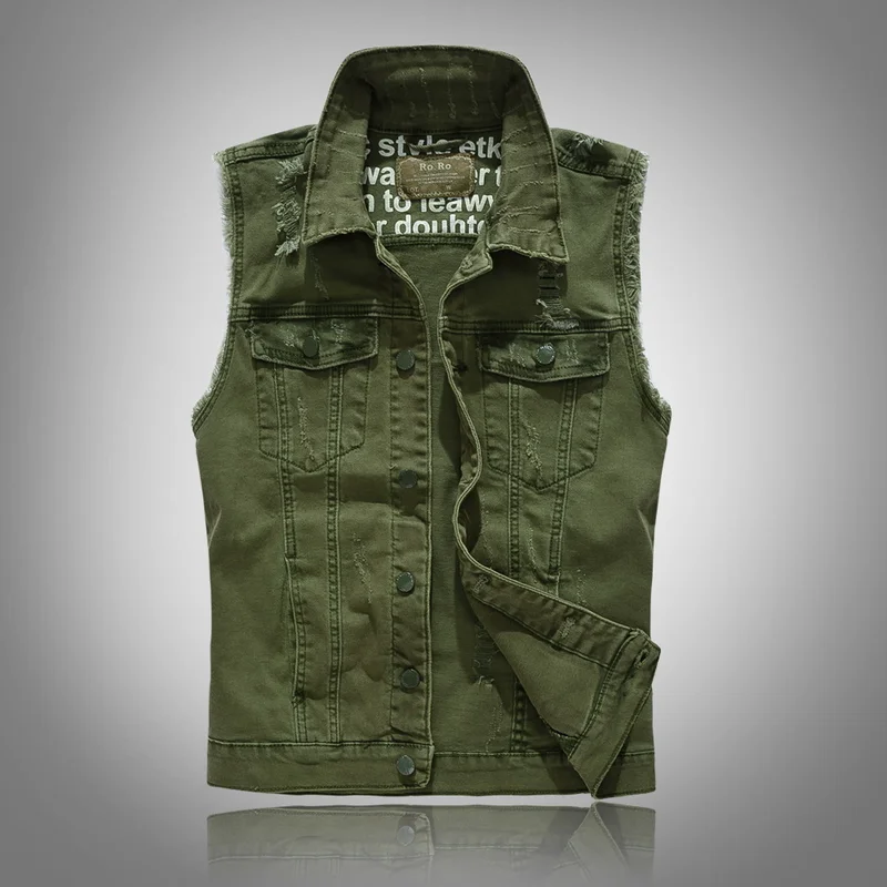 New vests 2022 Slim Fit Cowboy Male Jacket Vest Ripped Denim Vest Men\'s Jacket Sleeveless Casual Waistcoat Mens Jean Coat Green