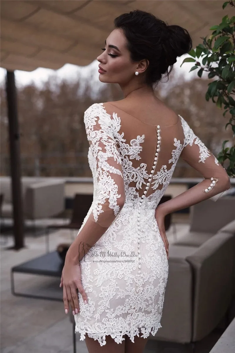 Vestido de Noiva Renda Zwei Stück Hochzeit Kleid 2021 Spitze Braut Kleider Kleider 3/4 Hülsen Abnehmbare Rock Tasten Mantel