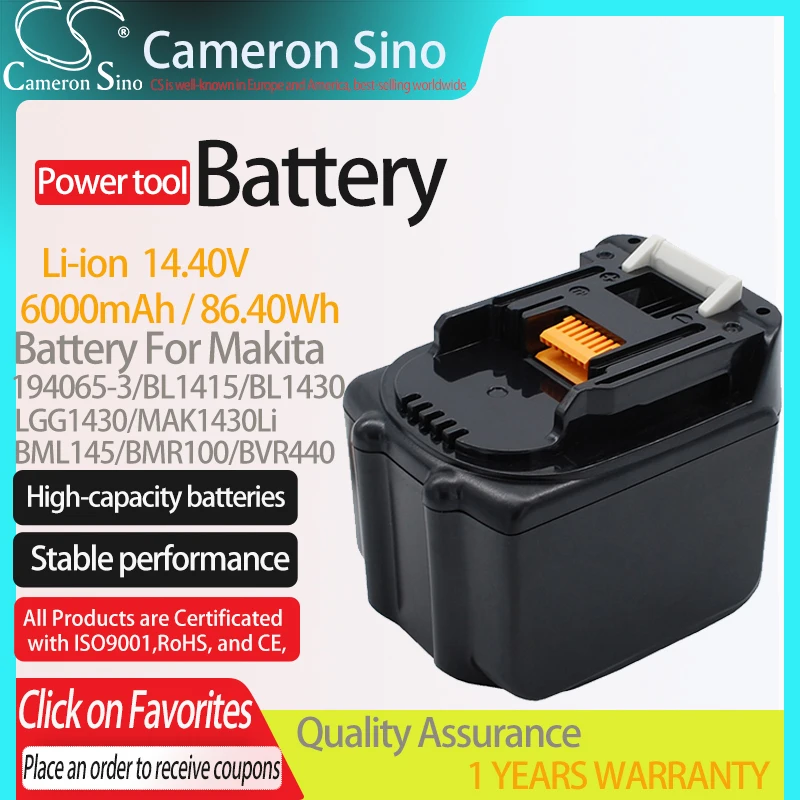 CameronSino Battery for Makita 194065-3 BL1430 BL1415 fits BGA450RFE BMR100 BVR440 Power Tools Replacement battery 6000mAh/86.4