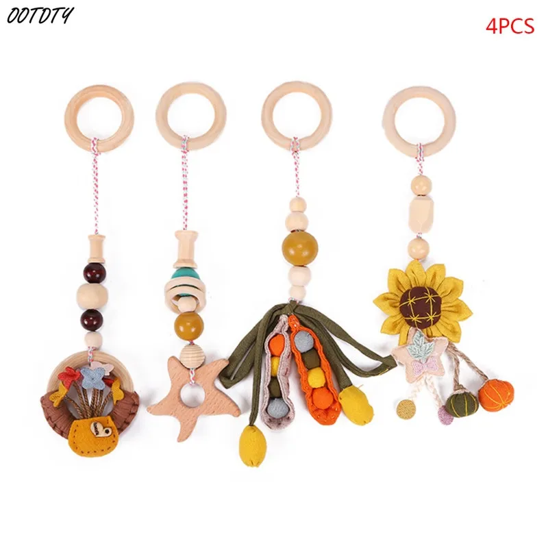 4 Pcs/Set Baby Play Gym Frame Stroller Hanging Pendants Wooden Ring Teether Molar Teething Nursing Rattle Toys Infant Room Decor