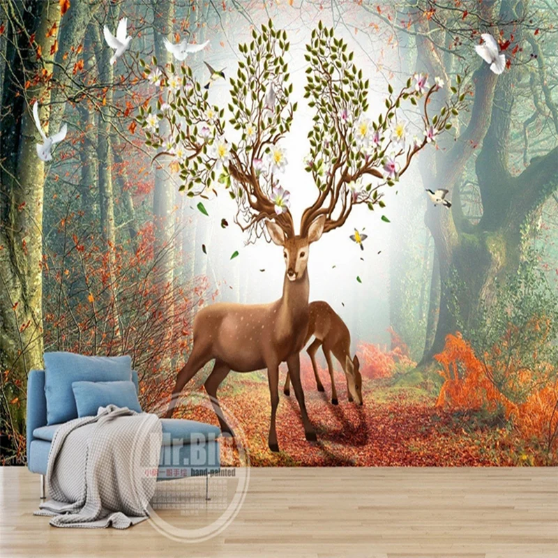 

Hand Painted 3D Cartoon Deer Forest Landscape Photo Custom Wallpaper for Kids Bedroom Living Room Waterproof Large Wall Murals