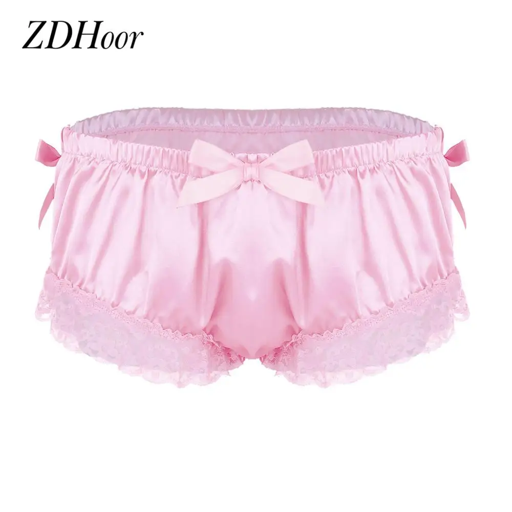 Mens Sissy Underwear Sexy Shiny Soft Satin Lingerie Gay Men Bloome Panties Ruffled Floral Lace Cute Bowknot Knickers Briefs