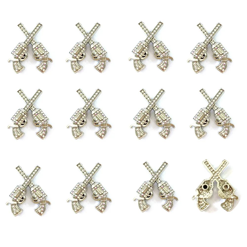 

12pcs/lots double gun Diameter 3.7CM x3.1 Metal Conchos white rhinestone decoration button for bag Belt purse accessories