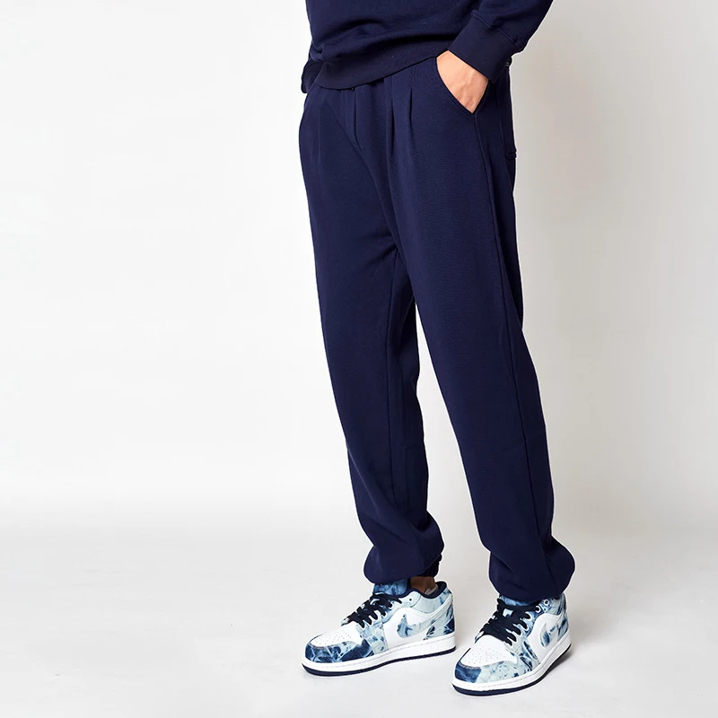 

98012 Autumn Men Heavy Weight Sweatpants Premium Cotton Blue Simple Sport Loose Pile Loop Drawstring Stretch Waist Male Trousers