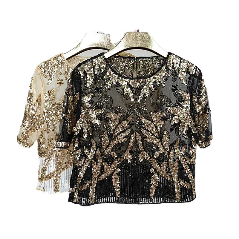 2023 Vintage elegant beading sequins mesh top bling perspective short sleeve t shirt women fashion tee shirt feme SIDAIMI