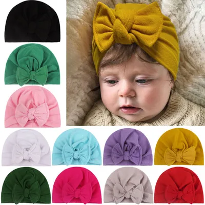 1PCS Cotton Blend Hair Bow Knot Kids Turban Hat Big bow Knot Newborn Beanie Caps Headwraps Birthday Gift Photo Props