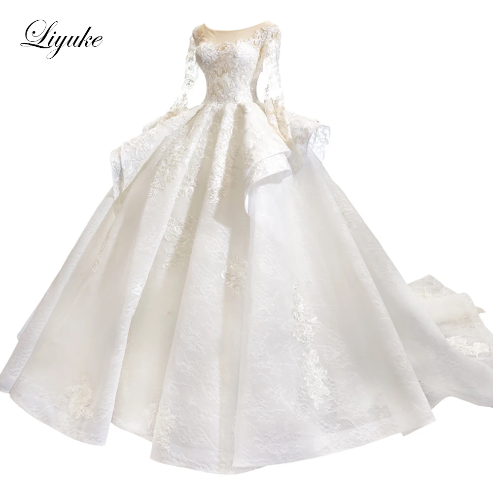 

Liyuke Ball Gown Wedding Dress Ivory Color With Puffy Pleat Skirt Chapel Train Bridal Dress Full Sleeve