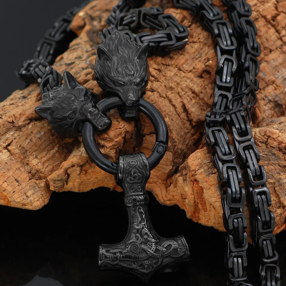 Punk Black Nordic Viking Wolf Necklaces Pendant Men Women Stainless Steel Rune King Bike Byzantine Chain Norse Amulet Jewelry